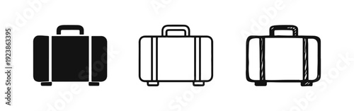Suitcase or Luggage Icon Set - Solid, Outline, and Hand-Drawn Styles for Travel and Vacation