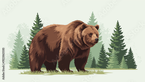 Realistic Vector Illustration of a Majestic Brown Bear in a Forest Clearing with Surrounding Coniferous Trees and Earthy Tones