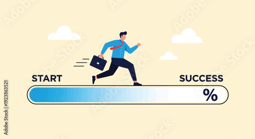 Businessman Running on Progress Bar from Start to Success