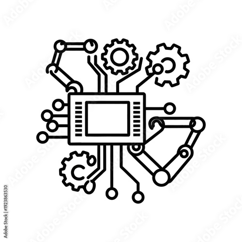Minimalist black and white vector illustration of a robotic brain integrated with gears, symbolizing technology, innovation, and artificial intelligence concepts.