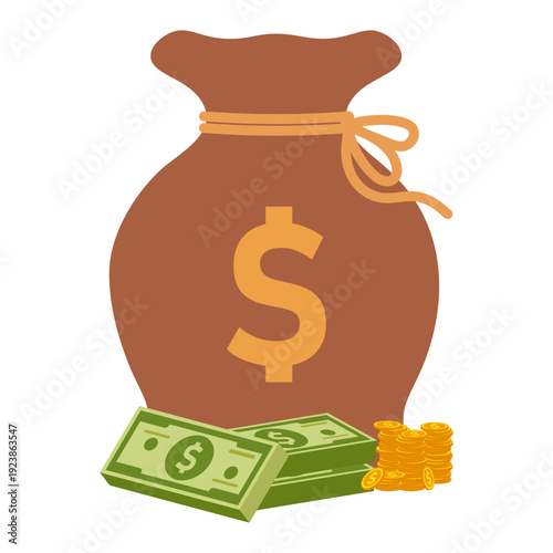 Sack full of currency with stacks of gold coins and wads of dollar banknotes, cash and wealth