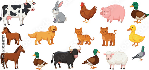 Farm animals collection with cow horse pig sheep chicken duck cat dog and livestock cartoon vector illustration set