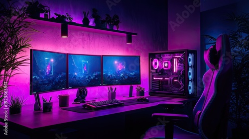 Immersive digital workspace features multiple monitors and illuminated computer tower setup