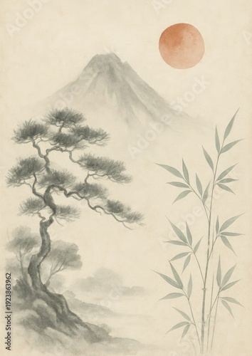 Serene mountain landscape illustration.