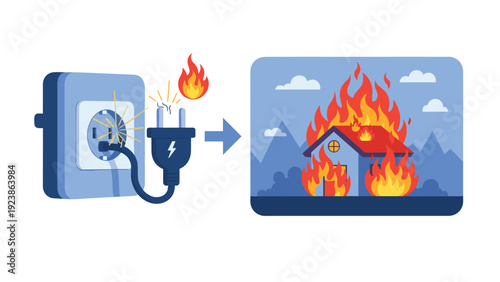 Safety illustration demonstrates how an electrical short circuit at a wall outlet can lead to a devastating house fire.