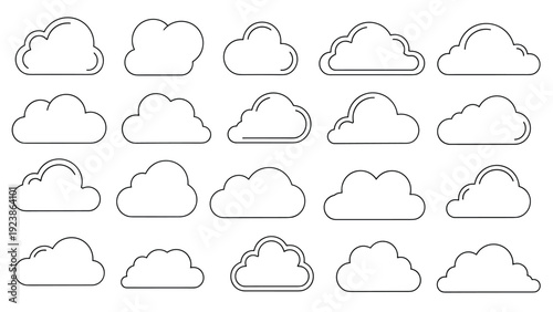 Detailed collection of outline cloud icons shows a wide variety of shapes and styles for weather or web design use.