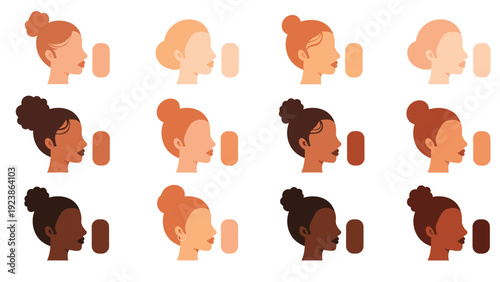 Grid of female profile icons displays a diverse range of skin tones and hairstyles in a clean minimalist vector style.
