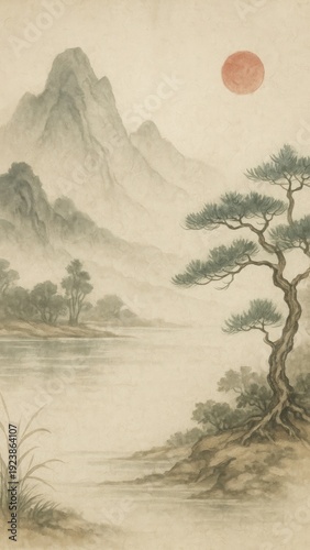 Serene landscape with misty mountains.