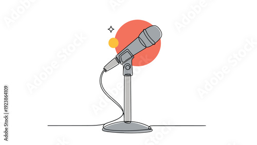 Creative continuous line drawing presents a studio microphone on a stand against a bold orange circular background element.