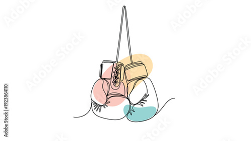 Pair of boxing gloves is depicted in a continuous line drawing style with colorful abstract shapes in the background.