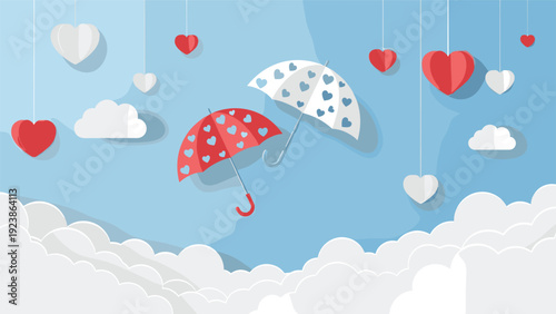 Romantic paper cut style illustration shows red and white umbrellas with heart patterns floating among clouds and hearts.