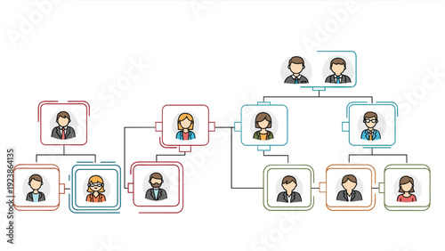 Professional organizational chart displays a corporate hierarchy with diverse employee icons and connecting business lines.