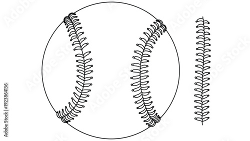 Detailed line drawing shows a standard baseball with its characteristic stitching pattern alongside an isolated stitch row.