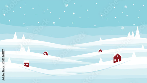 Peaceful winter landscape illustration features small red houses nestled among rolling snow-covered hills and falling snow.