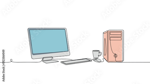 Continuous line drawing represents a modern desktop workstation including a monitor, computer tower, mouse, and coffee.