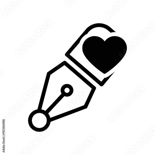 Simple black and white illustration of a fountain pen nib filling with heart-shaped ink, symbolizing love and creativity.