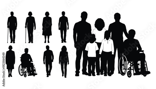 Diverse human silhouettes including wheelchair users and cane users