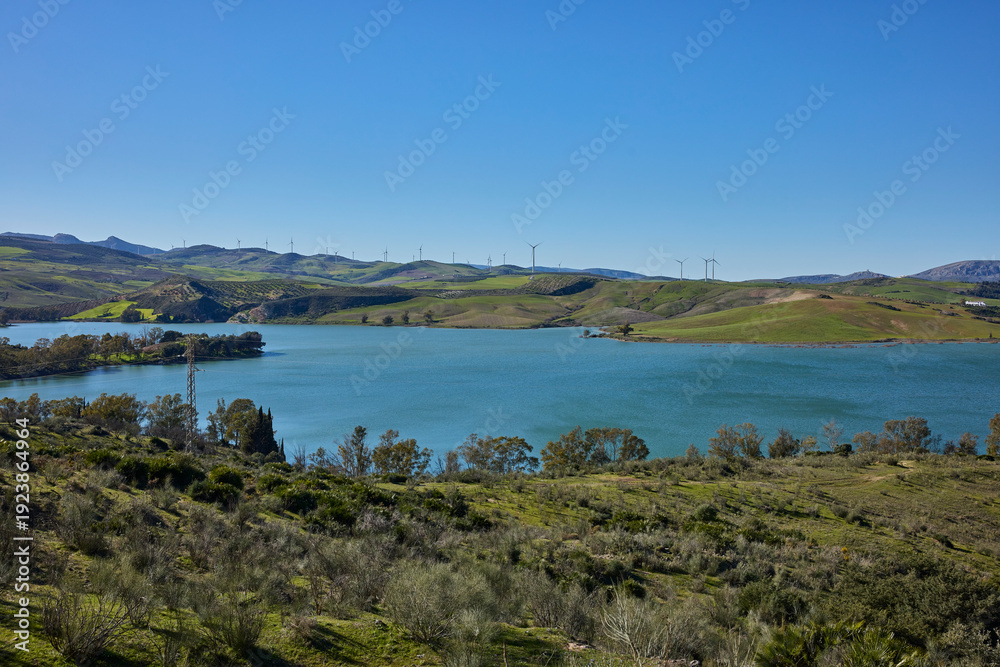 Fototapeta premium Lake with wind farm on green rolling hills