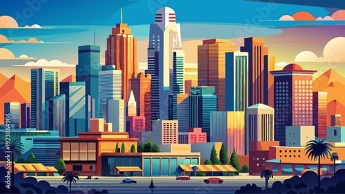 Very beautiful downtown Los Angeles skyline cityscape highlighting contemporary skyscrapers, layered architecture, and expansive California sky, presenting a dynamic urban environment rich in culture 