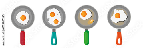 Set of top view of frying pans with eggs in cartoon style.Vector illustration of frying pan with colorful handles, fried chicken eggs, protein, yolk, butter isolated on white background.Scrambled egg.