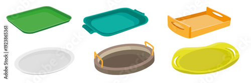 Set of colorful trays for serving food in cartoon style. Vector illustration of empty trays with handles, different shapes: rectangular, oval isolated on white background. Carrying food, drinks.