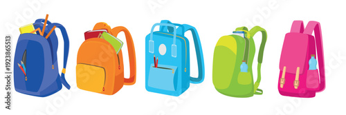 Set of bright colorful school backpacks in cartoon style. Vector illustration of backpacks of different designs with notebooks, books. notepad, rulers, pencils, bottles isolated on white background.