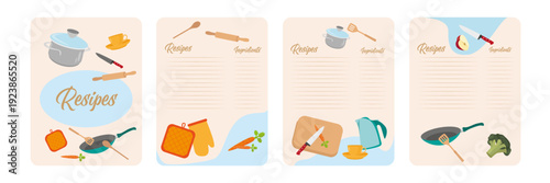 Set of templates for writing recipes in cartoon style. Vector illustration of a card with recipes, ingredients: saucepan, frying pan, pot holders, cup with saucer, spatula, spoon, rolling pin, knife.