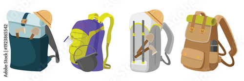 Set of backpacks for hiking in cartoon style. Vector illustration of different backpacks for hiking, tourism with equipment: axes, shovels, kettle, thermos, cup, hat isolated on white background.