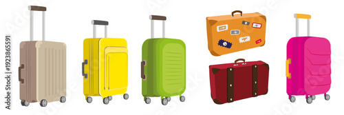 Set of colorful suitcases in cartoon style. Vector illustration of modern and vintage suitcases for travel with postage stamps, handles, on wheels isolated on white background. Luggage transportation.