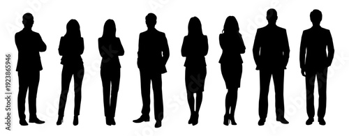 Standing business people, vector corporate business people silhouette, business marketing man and woman