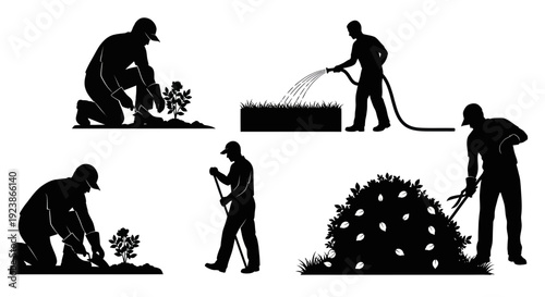 Gardening silhouette icons: planting, watering, digging, pruning bush, mowing lawn