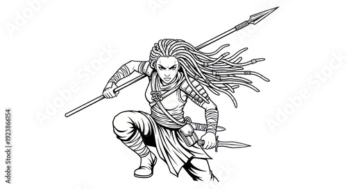 Fierce Warrior Woman with Spear and Dagger, Ready for Battle