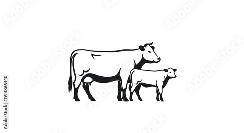 Cow and Calf Silhouette Icon on White Background, Livestock Farming Symbol