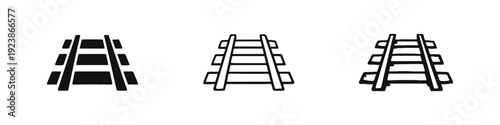 Railroad tracks icon set in solid, outline, and hand-drawn styles for transportation and travel.