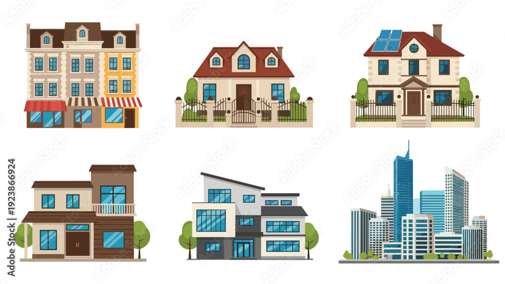 Obraz premium Set of diverse architectural styles including residential houses, commercial street, modern villa and city skyscrapers.
