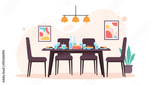 Elegant dining room interior with a set table ready for meal including plates of food and stylish lighting fixtures.