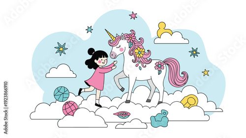 Magical fantasy concept with a little girl hugging a white unicorn among soft clouds and colorful stars in the sky.