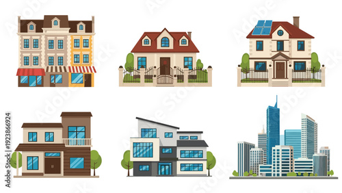 Set of diverse architectural styles including residential houses, commercial street, modern villa and city skyscrapers.