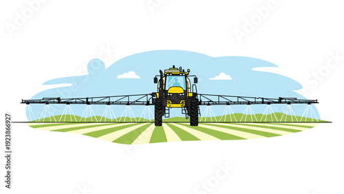 Modern agricultural self propelled sprayer machine working in a vast green crop field for pest control and fertilization.