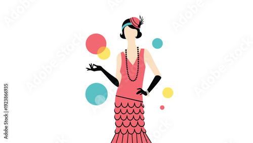Elegant woman wearing a vintage pink flapper dress with black gloves and pearl necklace in 1920s Gatsby style.