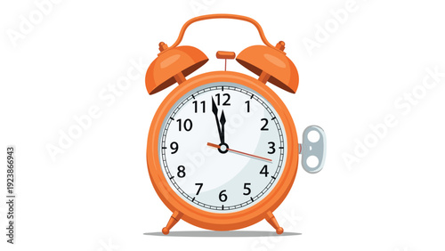 Vintage orange twin bell alarm clock with wind up key and clear white face showing the current time in flat style.