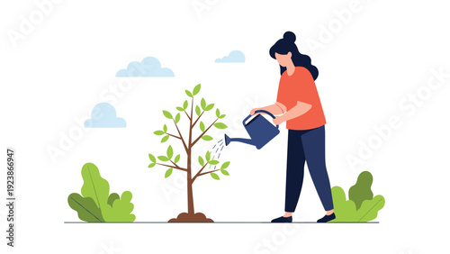 Caring woman character watering a small green tree sapling with a blue watering can in a peaceful garden setting.