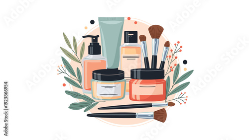 Set of cosmetic products for skin care and makeup including brushes and cream jars isolated on a white background.