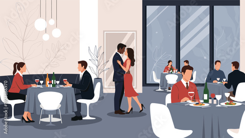Sophisticated restaurant dining room with couples enjoying dinner and a romantic couple kissing in the middle.