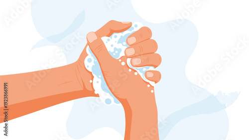 Sanitation and hygiene concept with two human hands washing together with white soap bubbles on a light background.