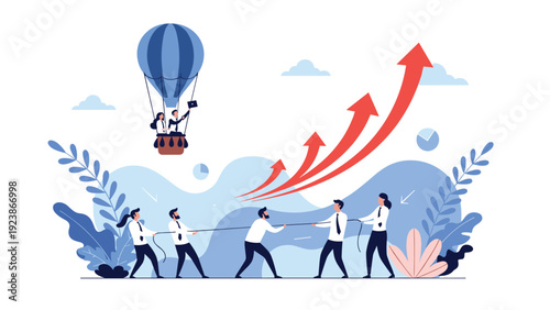 Business competition and team achievement concept with people in a tug of war and others rising in a hot air balloon.