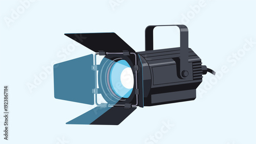 Professional black studio spotlight with barn doors and an adjustable mount for photography or stage lighting setups.