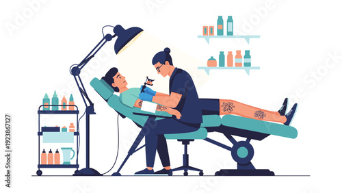 Professional tattoo artist carefully applying a design to a client's arm in a clean studio with specialized equipment.