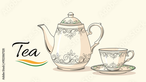 Elegant porcelain tea set featuring a decorative teapot and matching delicate cup on a saucer with floral patterns.