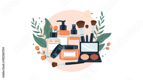 Selection of beauty products including liquid foundation, creams, powders, and various makeup brushes with green leaves.